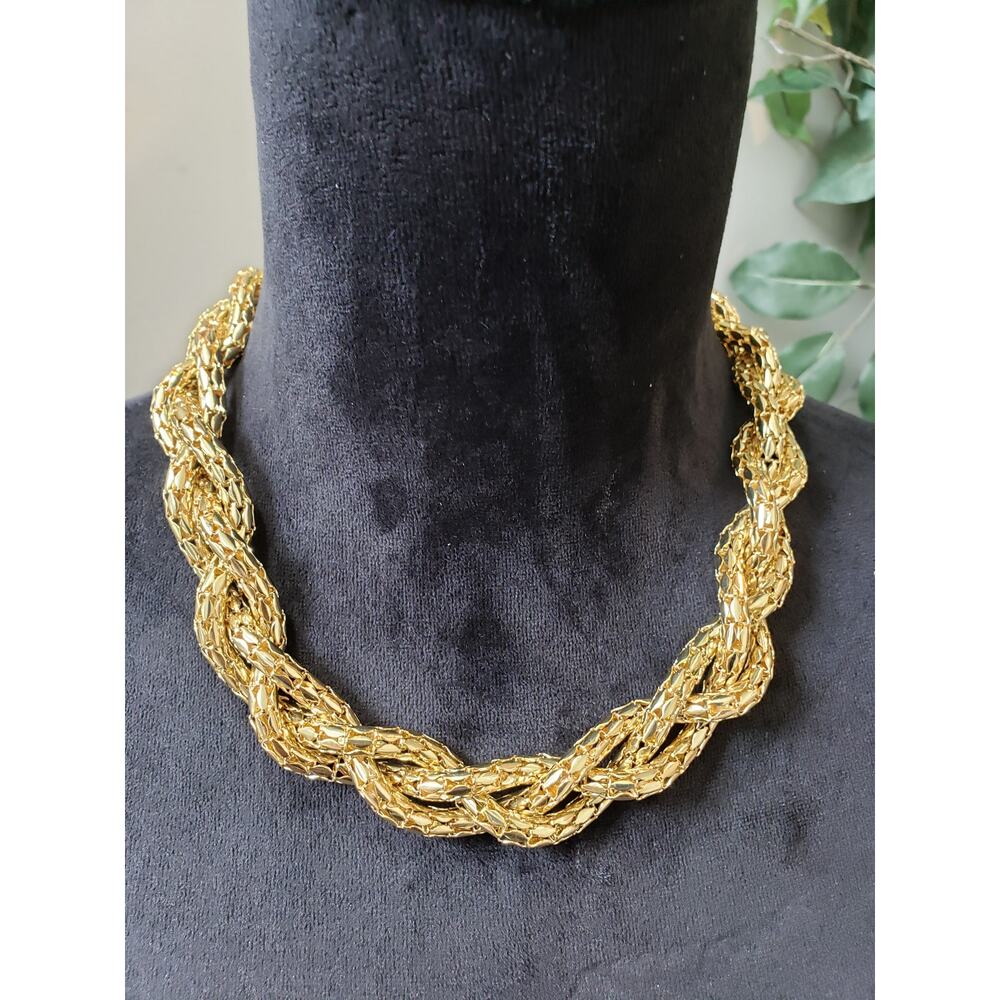 Womens Gold Tone Braided Chain Necklace Statement Style Lobster Clasp Glam